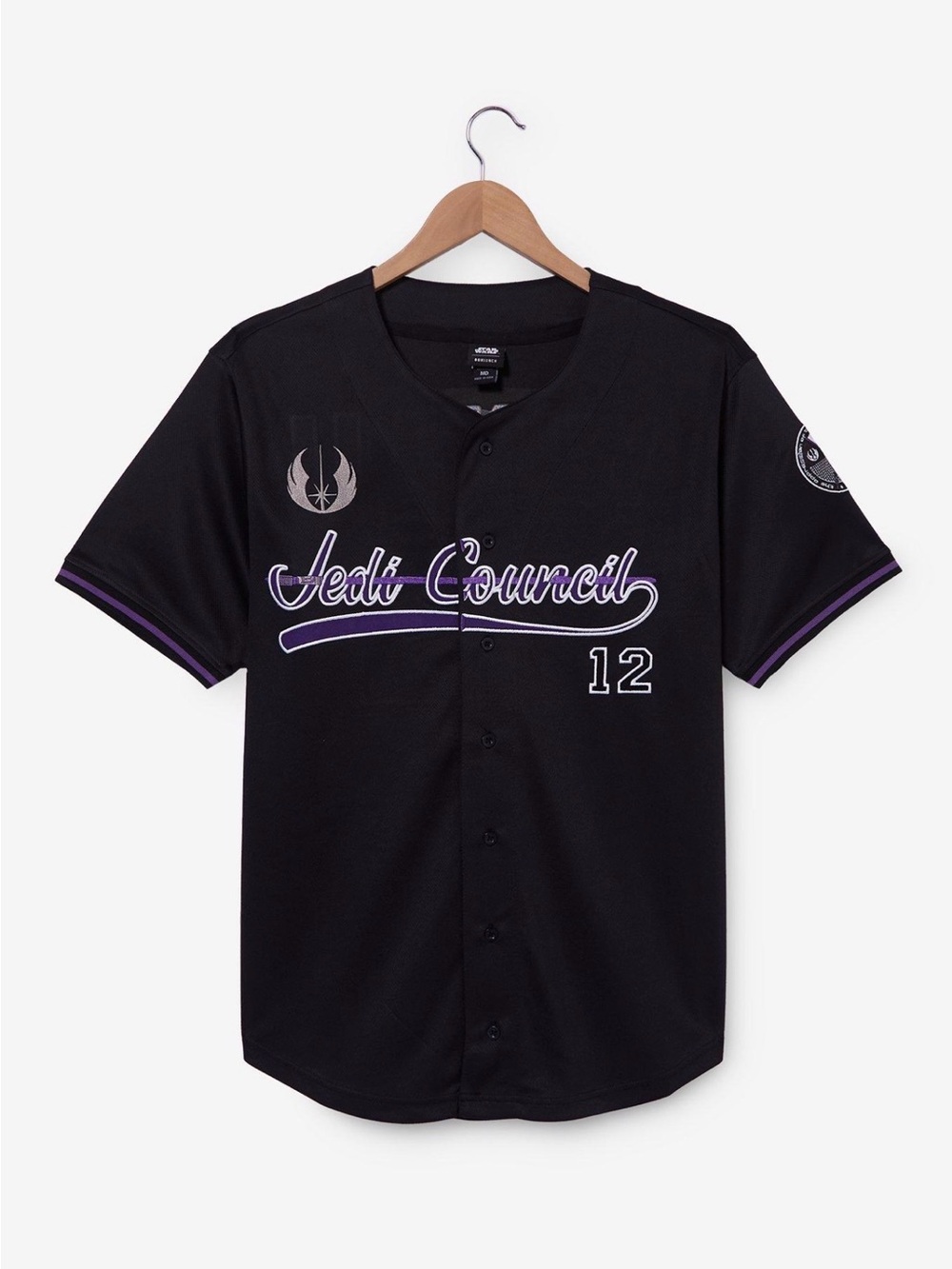 NWT Star Wars Mace Windu Jedi Council Black Baseball Jersey with Purple Accents